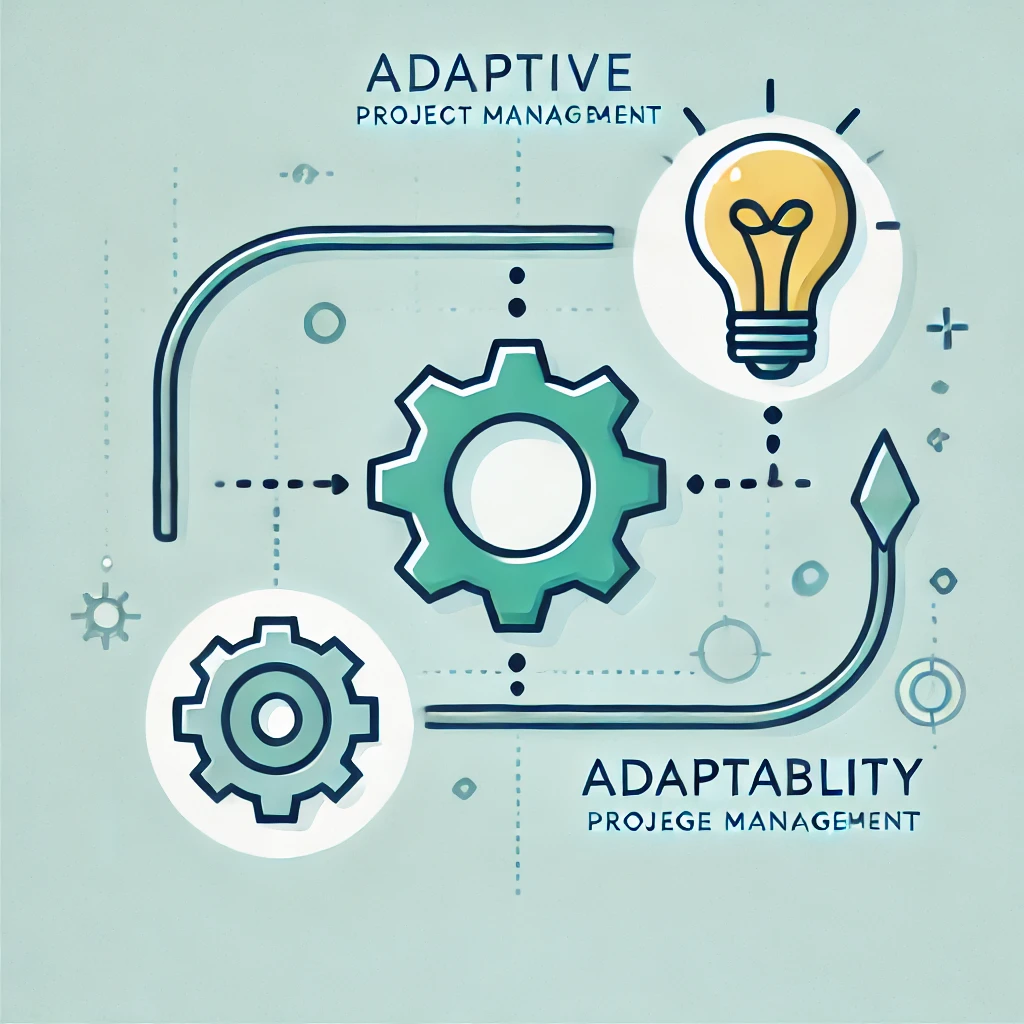 A simple and clean illustration representing Adaptive Project Change Management. The image features a dynamic, flowing arrow with multiple branching paths—each branch symbolizing a different aspect of change (scope, timeline, budget, quality). At the center, a modern, minimalistic icon of a project manager is shown guiding the flow, while various icons (a calendar, a dollar sign, a checklist, and a gear) appear along the branches to represent the challenges and opportunities brought by change. The background is a subtle gradient of blue and green, evoking a sense of growth and adaptability.