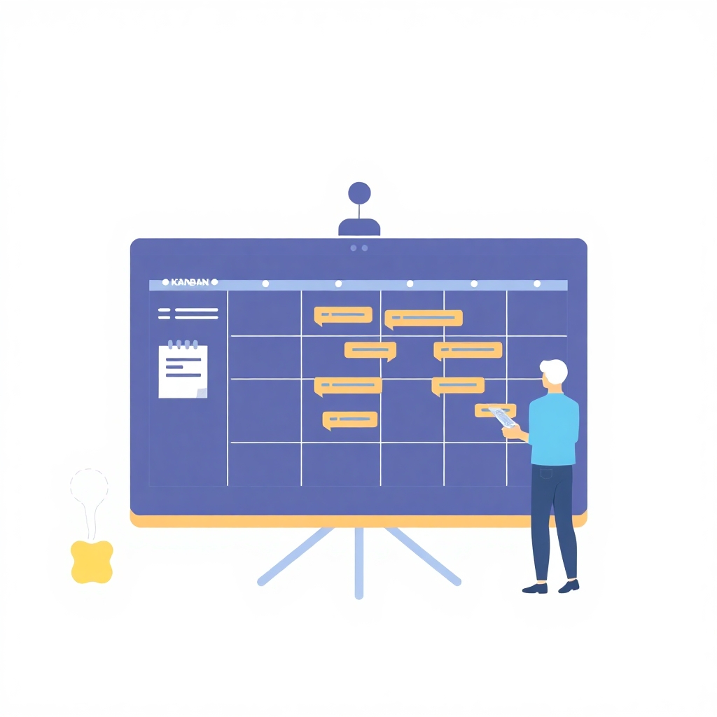 A simple and clean illustration representing Hybrid Project Management. On the left side, a Kanban board (symbolizing Agile methods) displays colorful task cards in columns labeled “To Do,” “In Progress,” and “Done.” On the right side, a Gantt chart (symbolizing Waterfall) shows a timeline with sequential tasks. A project manager icon stands in the middle, bridging both approaches. The style is minimalistic, with soft blues and grays, and no excess text to maintain clarity.