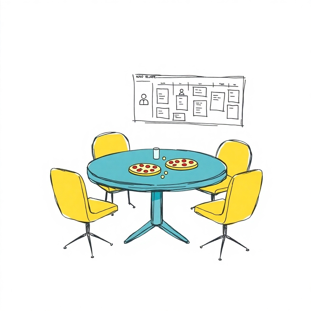 A minimalistic illustration representing the power of small teams and agile project management. The design features a round table with two pizzas at its center, surrounded by a few simple icons symbolizing team members. In the background, a subtle Kanban board with a few columns hints at streamlined workflow. The color palette is soft with warm yellows and muted blues, evoking a sense of collaboration and focus—all rendered in a clean, modern style without excess text.