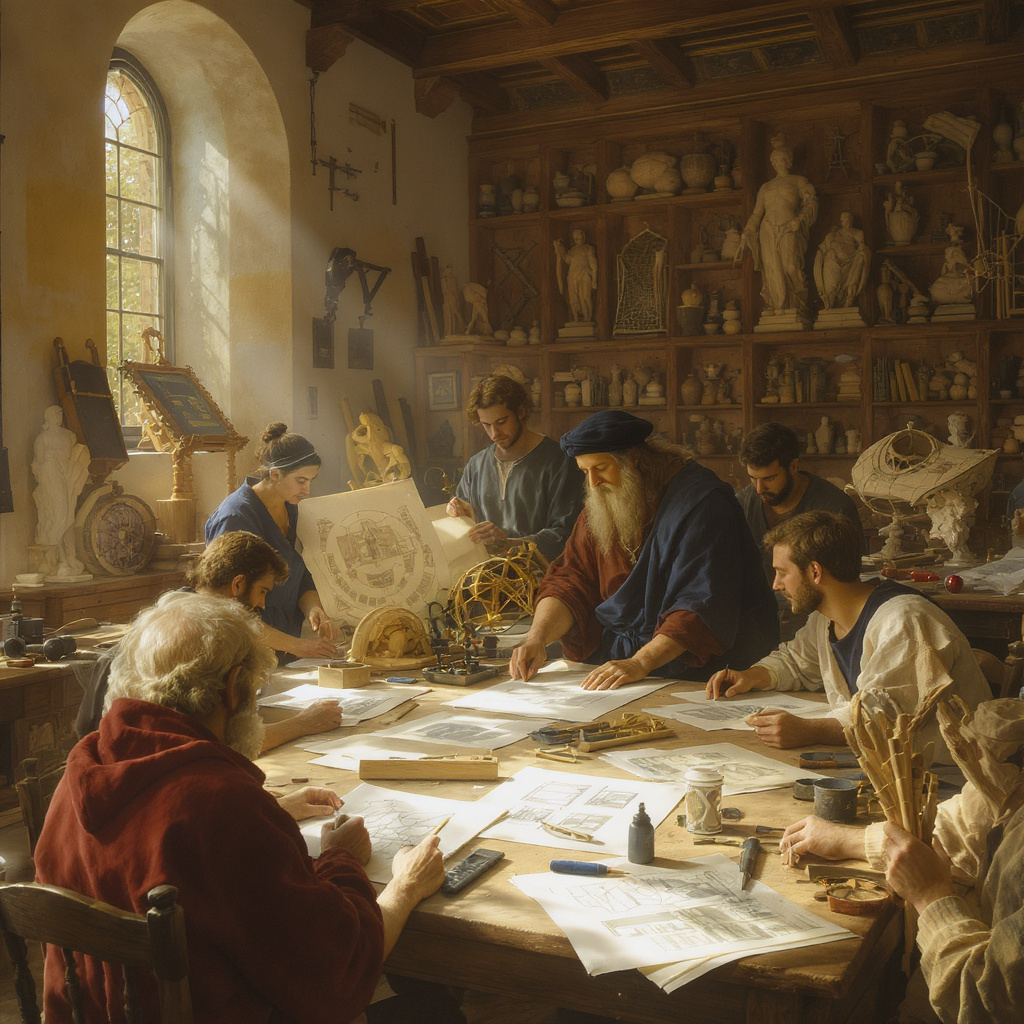 A Renaissance workshop in Florence where artisans, architects, and apprentices collaborate on sketches, sculptures, and inventions. The room glows with natural light, tools scattered across wooden tables, and Leonardo da Vinci stands among them, refining a design while discussing ideas with his peers.
