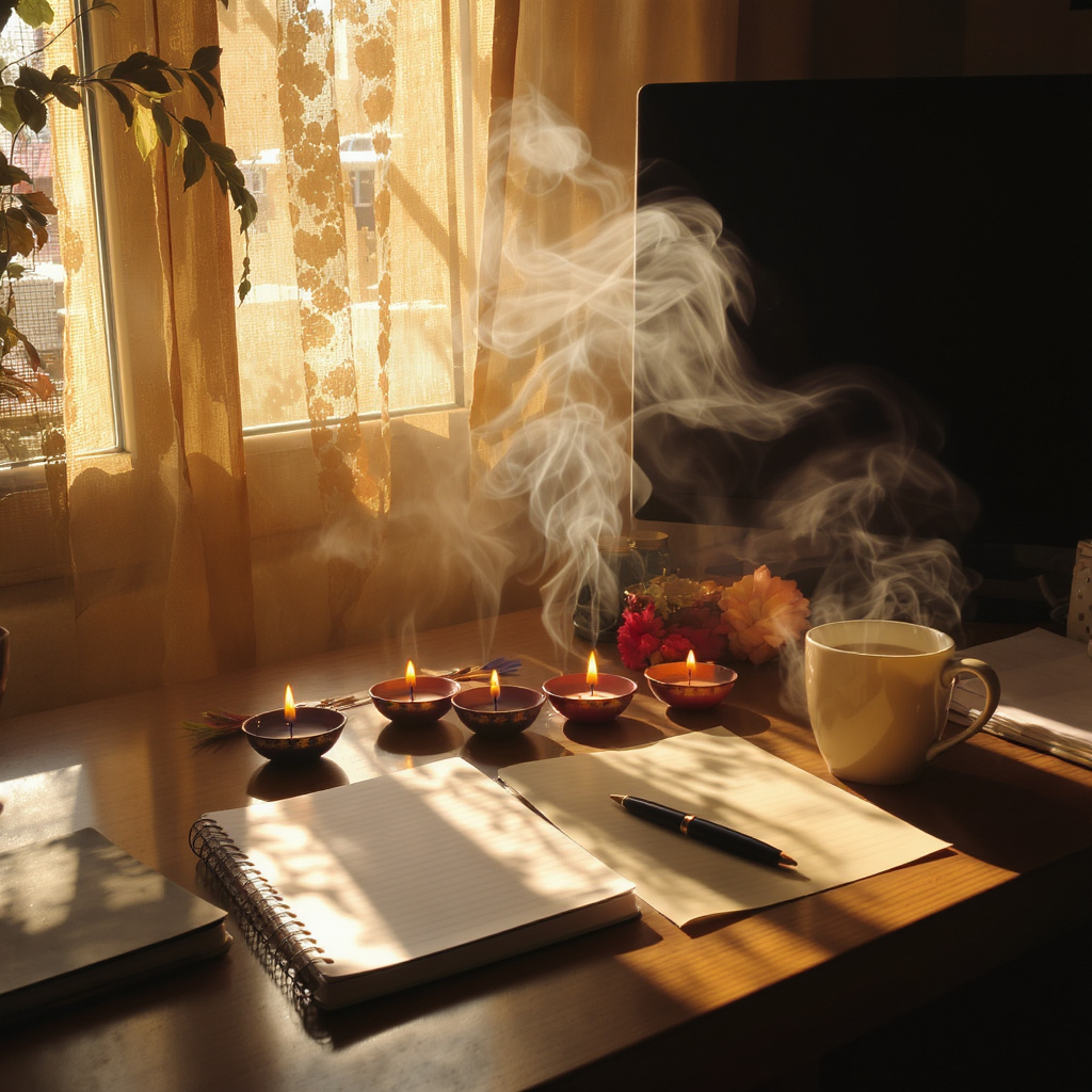 A serene morning-after-Diwali scene — faint smoke from last night’s diyas still lingering in the air, with sunlight streaming through. A project manager’s notebook, a cup of chai, and a few leftover diyas on the desk symbolize reflection, renewal, and planning for the next cycle.